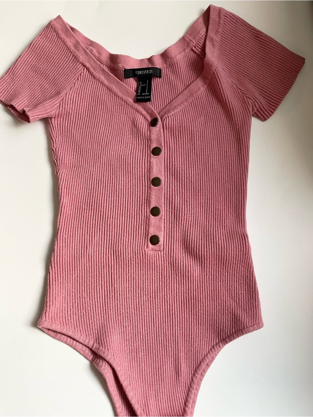 Forever 21 Rose Pink Ribbed Button-Front One-Piece Bodysuit